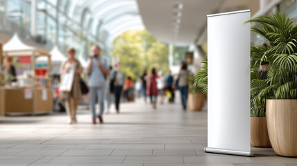 A blank advertising roll-up banner displayed in a modern shopping mall setting with a bustling crowd in the background. Ideal for promotional or commercial concept mockups and advertising designs.