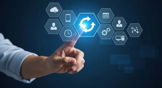 A finger touches a digital screen with business icons on a blue background