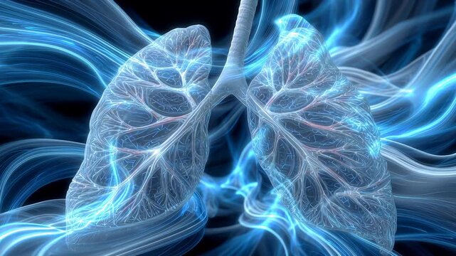 Influenza lung protection concept ,Digital representation of glowing blue and white lines lungs, symbolizing health and vitality