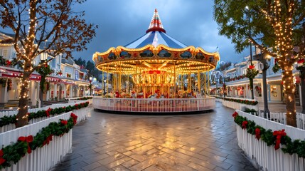Illuminated carousel shining in christmas decorated amusement park at dusk