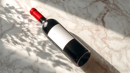 Red Wine Bottle Laying on Marble with Light and Shadow