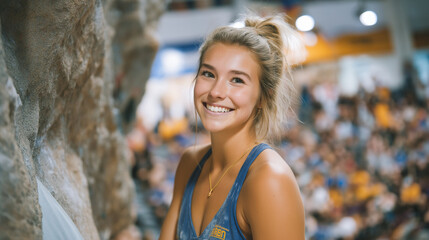 A freshman tries rock climbing at a campus gym with ropes taut chalk dust floating and friends cheering below captured in a thrilling photo with grip marks rope fibers and