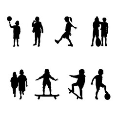 Set of 8 kids - playing, running, skateboarding, and doing sports, activities.