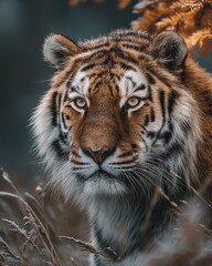 Naklejka premium Closeup portrait of a majestic siberian tiger with striking orange and black stripes, looking intently forward in a natural setting