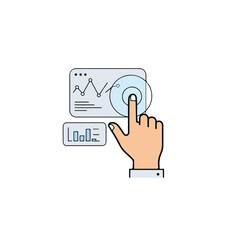 Hand interacting with digital dashboard displaying data analytics and charts, showcasing interactive technology and data visualization in a modern style.