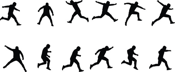 Running and jumping silhouettes, motion sequence, athletic poses, dynamic movement, sport action, athlete training, human motion, fitness, biomechanics, sports science