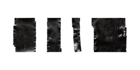 set of black torn wrinkled tape isolated transparent png background,design template or mockup.crumpled black tape