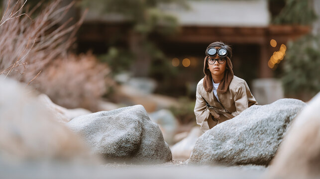 An exploratory grandfather searches for bugs with his 9 year old grandson under rocks in a garden using magnifiers jars ready and notes scribbled captured in a curious photo wit