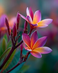 Fototapeta premium Closeup of two vibrant pink and orange plumeria flowers with dew drops, set against a soft, blurred colorful background
