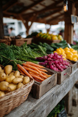Fresh Organic Vegetables Displayed at a Rustic Outdoor Market Stall