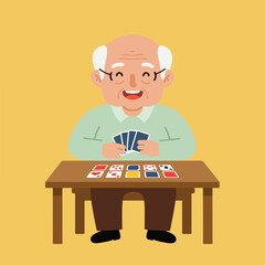 Senior Man Playing Cards at Table Indoors - Relaxing and Enjoying Hobby