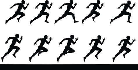 Running motion silhouette sequence, sprint biomechanics illustration, athlete training vector, sports science concept, human movement cycle, fitness, animation frames