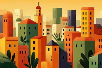 Colorful Abstract Illustration of a Mediterranean Cityscape at Sunset