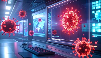 A virus alert warning displayed on a digital screen with red danger symbols and glitch effects, in a futuristic environment

