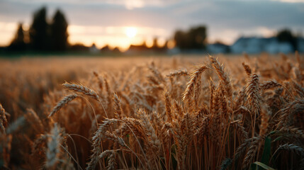 Golden Wheat Field at Sunset Capturing Nature's Serenity and Harvest Season