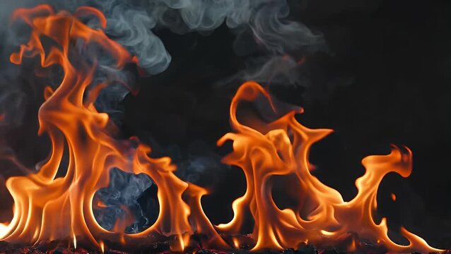 this captivating 4k stock footage showcases vivid orange flames gracefully dancing against a deep black backdrop while delicate wisps of smoke curl into the air the mesmerizing motion captures the