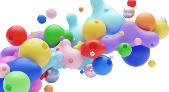 Whimsical abstract composition of colorful spheres and organic shapes against black expanse