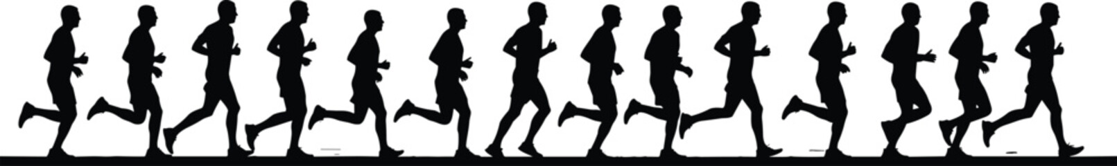 Running motion silhouette sequence, sprint biomechanics illustration, athlete training vector, sports science concept, human stride cycle, fitness, animation frames, speed study
