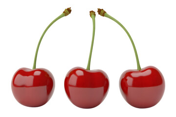 Three shiny red cherries with stems isolated on a seamless black background for fresh fruit concepts