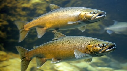 Naklejka premium Two salmon swimming in clear water, rocky riverbed background; for nature, wildlife, or food publications