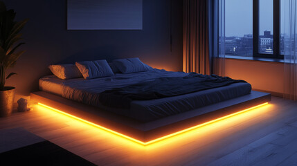 A low-profile bed with a simple platform design, accented by a yellow glowing LED strip around the edges. 