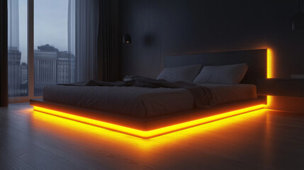 A low-profile bed with a simple platform design, accented by a yellow glowing LED strip around the edges. 