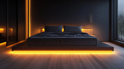 A low-profile bed with a simple platform design, accented by a yellow glowing LED strip around the edges. 