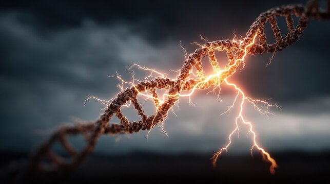 The luminous DNA helices and neural pattern chains symbolize the complexity of living organisms