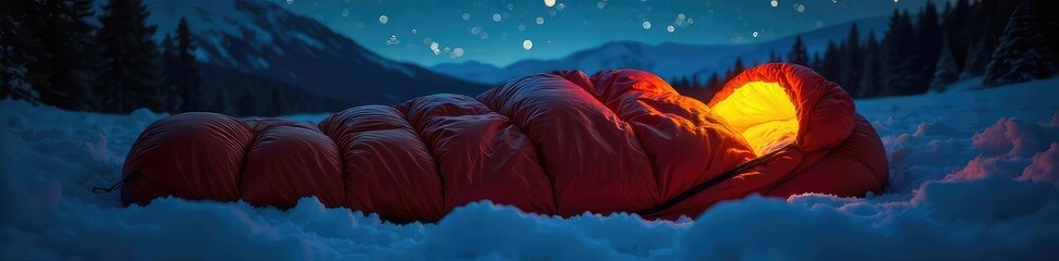 A cozy sleeping bag, unzipped and ready for a comfortable night's sleep under the stars Perfect for camping, hiking, or backyard adventures , polyester, nylon, expedition