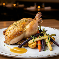 Gourmet Roasted Whole Chicken with Herb Seasoning Served on Elegant Plate with Colorful Baby Carrots, Potatoes, and Fresh Thyme – Fine Dining Food Photography.