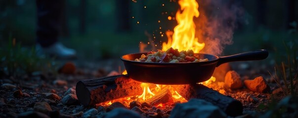 A crackling campfire with a cast iron skillet sizzling over the flames, cooking delicious food under the night sky Perfect for camping, outdoor cooking, and rustic themes , fire, stars