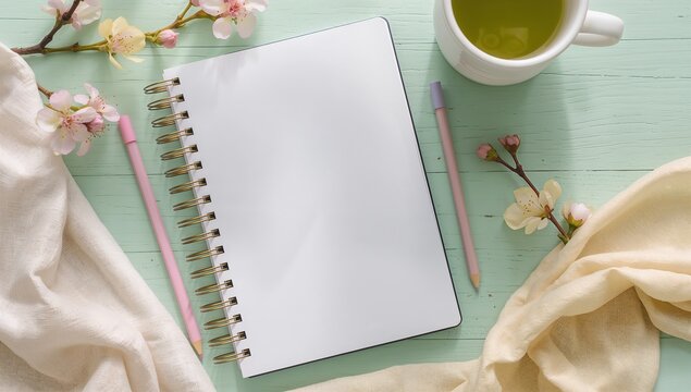 Notebook and tea flat lay with peach pencil, yellow cloth and white blossoms background