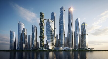 Fototapeta premium Futuristic city skyline with modern skyscrapers reflecting in the water on a cloudy day