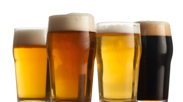 Four tall glasses of assorted beer varieties featuring lager ale stout with foamy head and dark amber hues