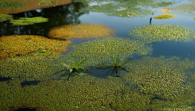 aquatic plants floating on the surface of the water duckweed lemna and wolffia in a stagnant pond
