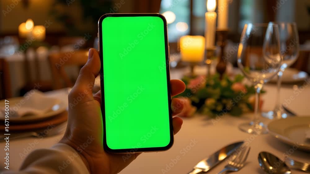 Poster digital connection: a person holds a phone with a green screen display over a dinner table, a techno