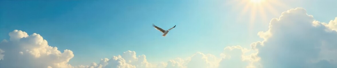Fototapeta premium A lone bird soars through a vast, open sky, symbolizing boundless freedom and limitless potential The image evokes a sense of liberation and the pursuit of dreams , limitless, expansive