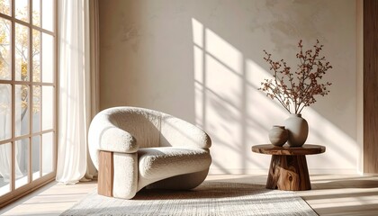 Interior minimalista con sillón de diseño curvo y mesa auxiliar de madera