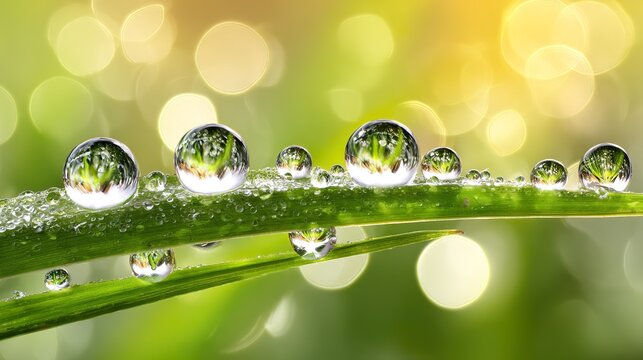 The tender grass leaves are glittering with morning dew, capturing the freshness of spring