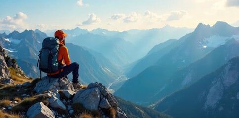A lone hiker's backpack sits atop a rocky peak, overlooking a vast, breathtaking mountain vista; sunlit, adventurous journey, scenic landscape , travel, challenge, wildlife