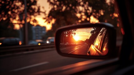 Sunset Reflection in Car Side Mirror on Road During Golden Hour