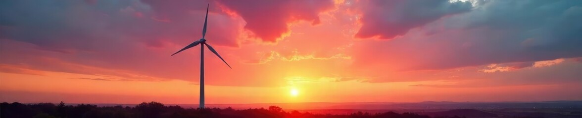 A lone wind turbine gracefully rotates against a vibrant sunset sky, its blades catching the last rays of light The scene evokes a sense of clean energy and quiet power , landscape, red