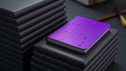 Stack of notebooks with purple notebook on dark table