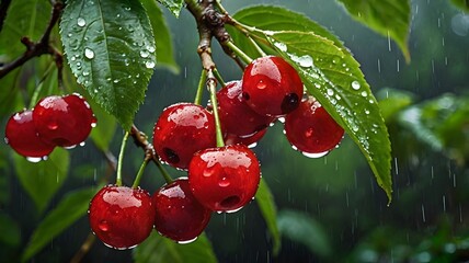 Vibrant red cherries glistening with raindrops on a leafy branch, set in a lush mountainous landscape during the rainy season, showcasing fresh nature’s beauty