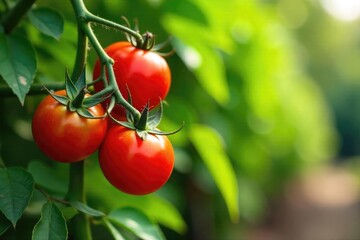 A lush, healthy tomato vine laden with ripening red tomatoes and vibrant green foliage, growing outdoors in bright sunlight , cultivation, succulent, tomatoes on the vine