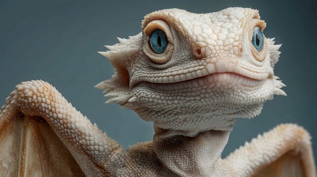 Friendly off-white dragon with iridescent blue eyes, small wings