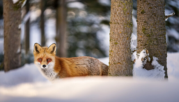 close encounter with a red fox in a snowy forest during winter - Powered by Adobe