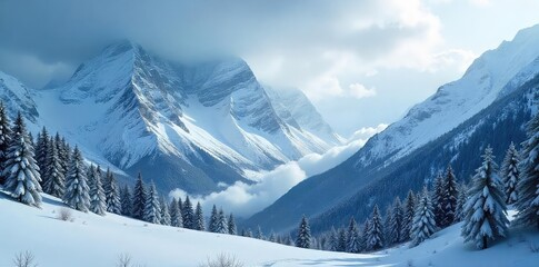 A majestic mountain range shrouded in a heavy snowstorm, with snowdrifts blanketing the peaks and valleys The fierce winter weather creates a dramatic and powerful scene , powerful, picturesque