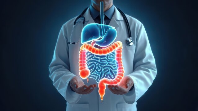Doctor holds a digital human digestive system