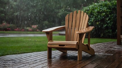 Wooden Adirondack chair on a wet patio after rainfall, capturing rustic outdoor charm, cozy relaxation, and serene atmosphere with natural textures and rainy day mood